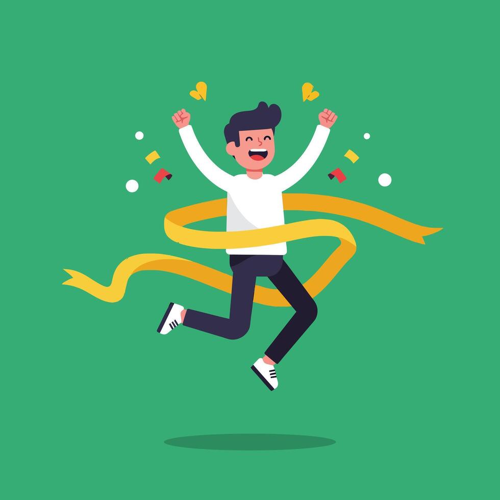 Happy man crossing finish line celebrating victory in running competition with green background and yellow ribbon vector
