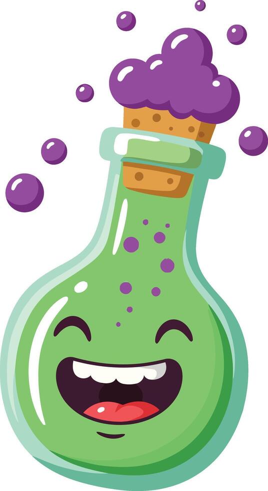 Green potion bottle with purple bubbling liquid and happy face cartoon illustration cheerful design for fantasy and magic themes vector