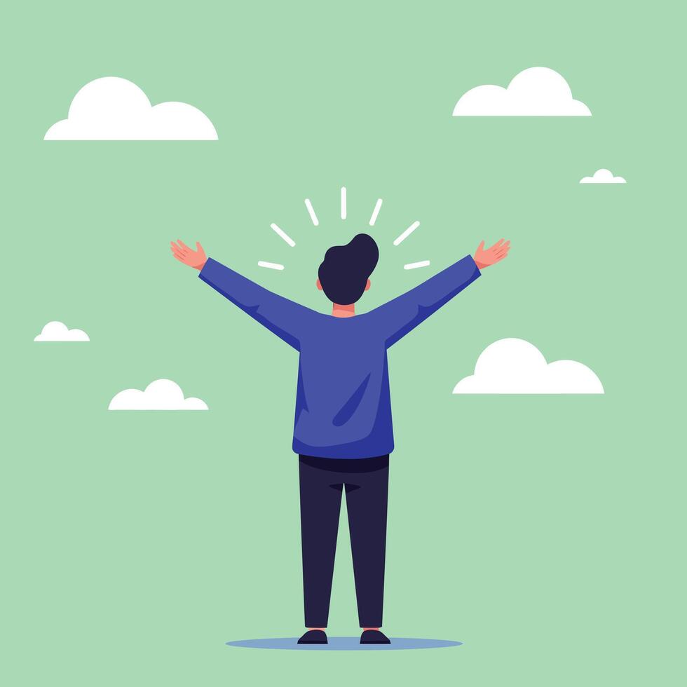 Man with raised arms embracing nature and sky in peaceful outdoor illustration vector