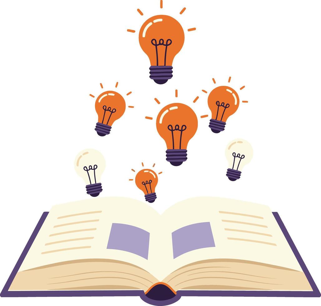 Open book with glowing orange and white light bulbs representing ideas and creativity illustration vector