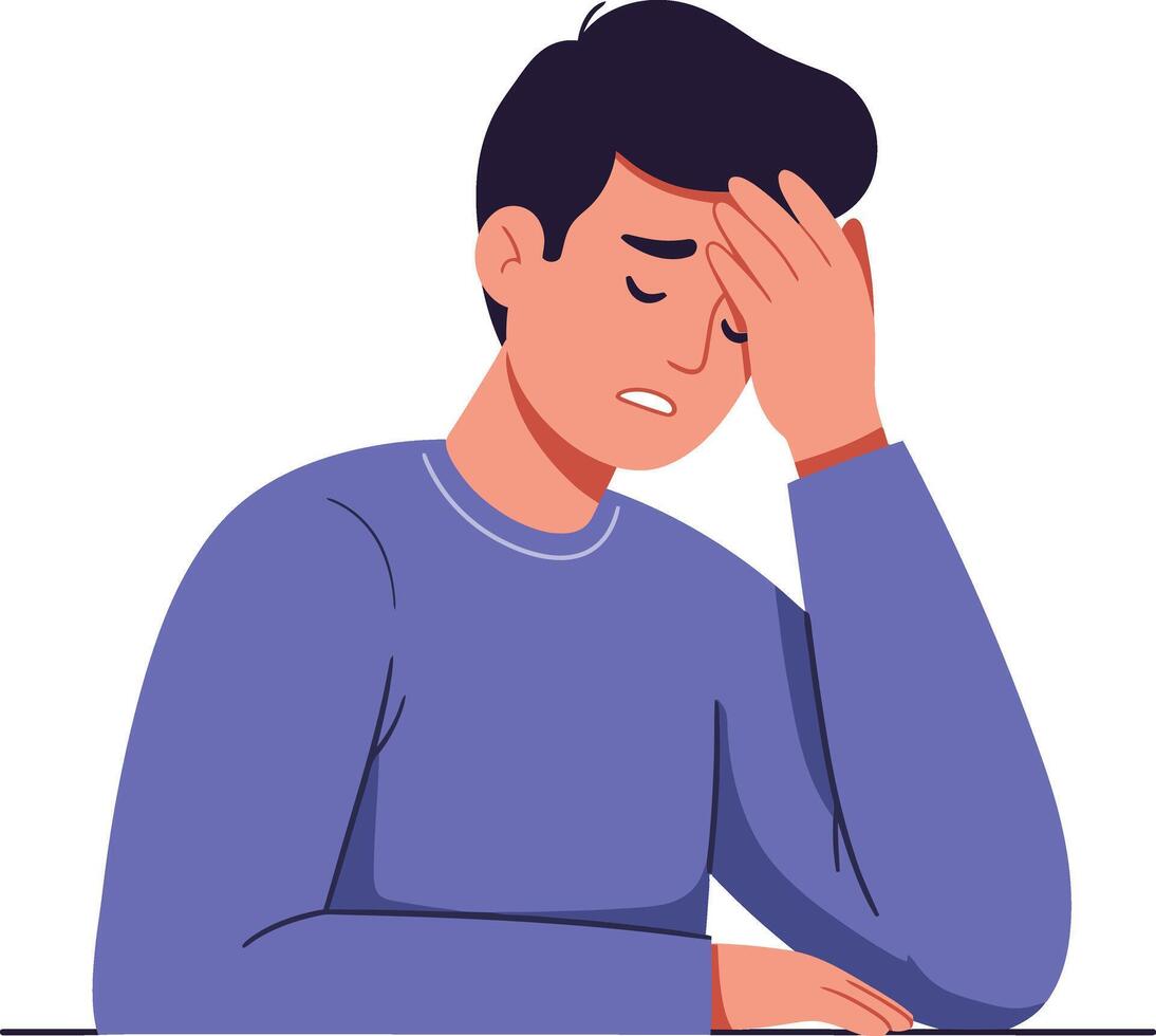 Young man feeling stressed or worried with hand on forehead in blue sweater illustration vector