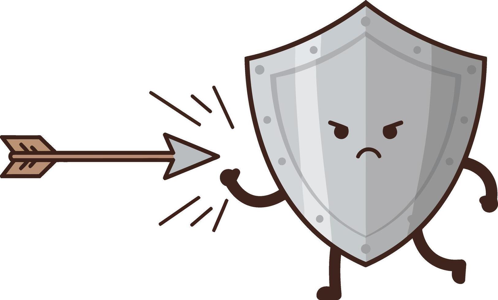 Cartoon shield blocking arrow with angry face and arms defending protection concept illustration vector