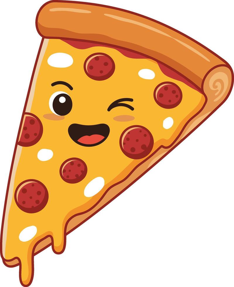 Winking pepperoni pizza slice with melted cheese cartoon illustration for food and snack design vector