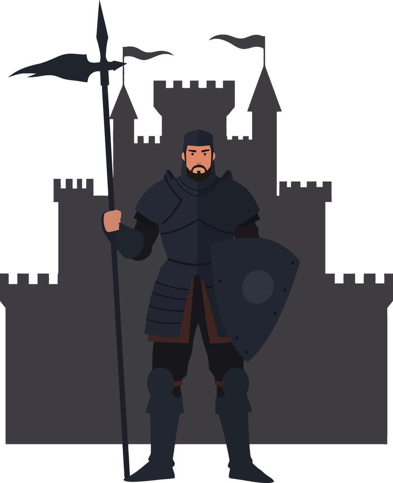 Medieval knight in armor holding spear and shield standing in front of castle silhouette illustration vector