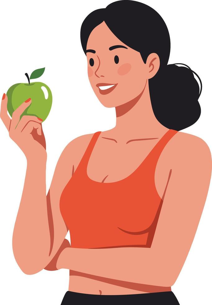 Woman holding green apple smiling in casual orange tank top illustration for healthy lifestyle and nutrition concept vector