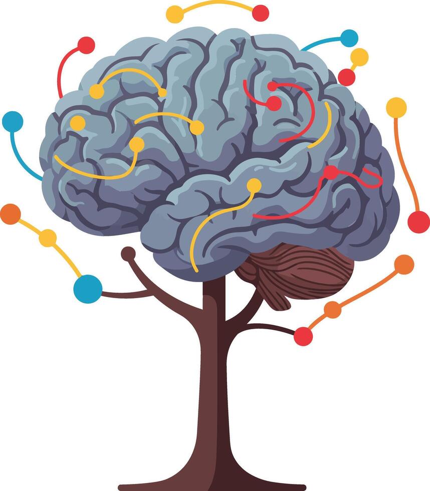Brain shaped tree with colorful connected nodes symbolizing neural network and intelligence growth illustration vector