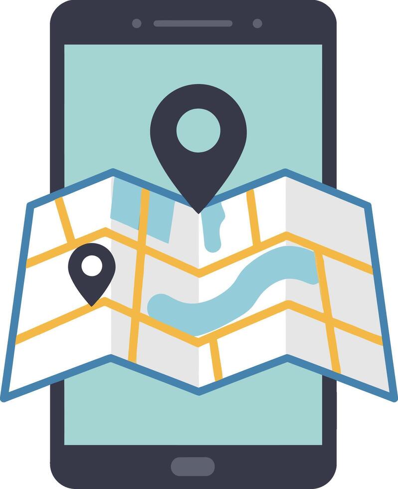 Mobile phone with folded map and location pins for navigation and travel illustration vector