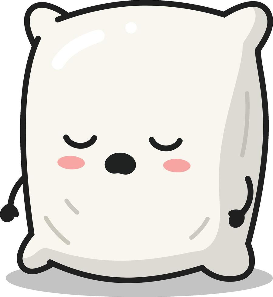 Cute sleeping pillow character with closed eyes and rosy cheeks illustration in soft white color vector