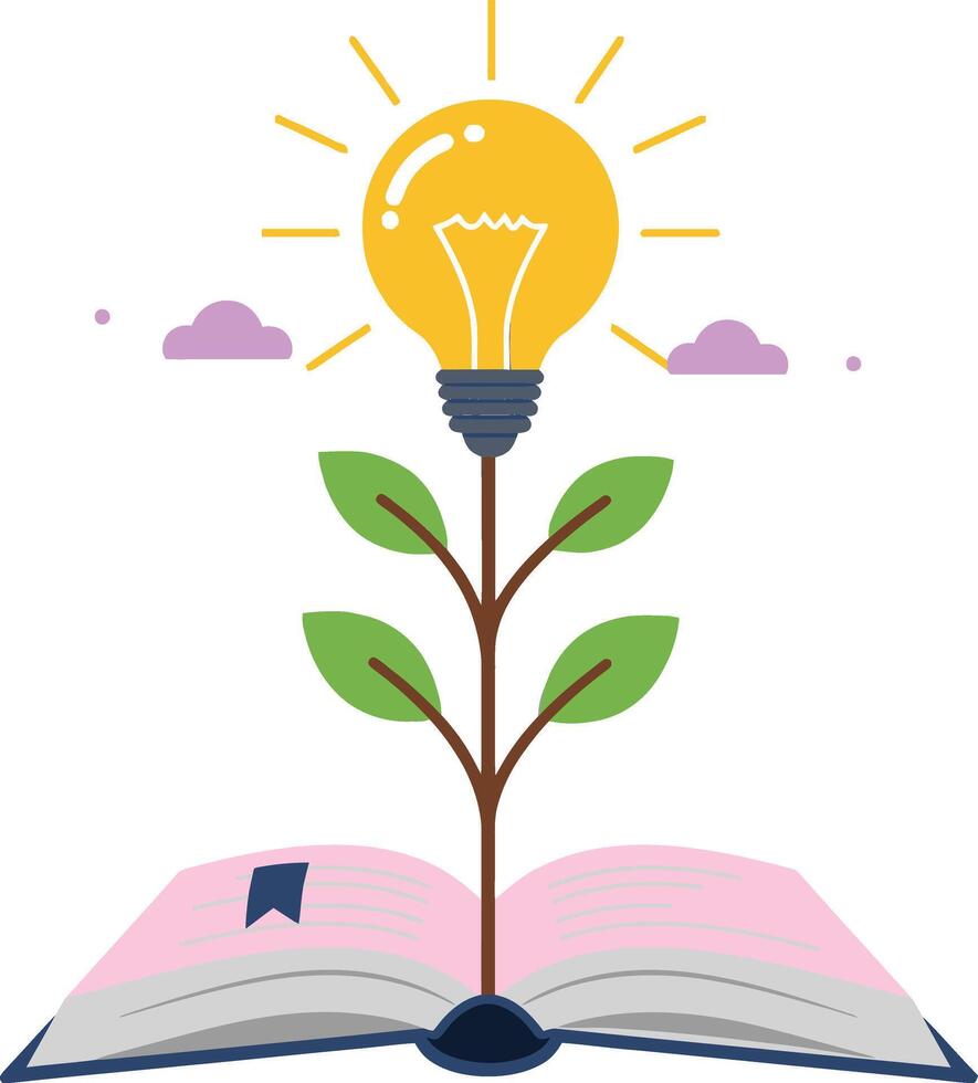 Light bulb growing from open book symbolizing knowledge and creativity with green leaves and purple clouds illustration vector