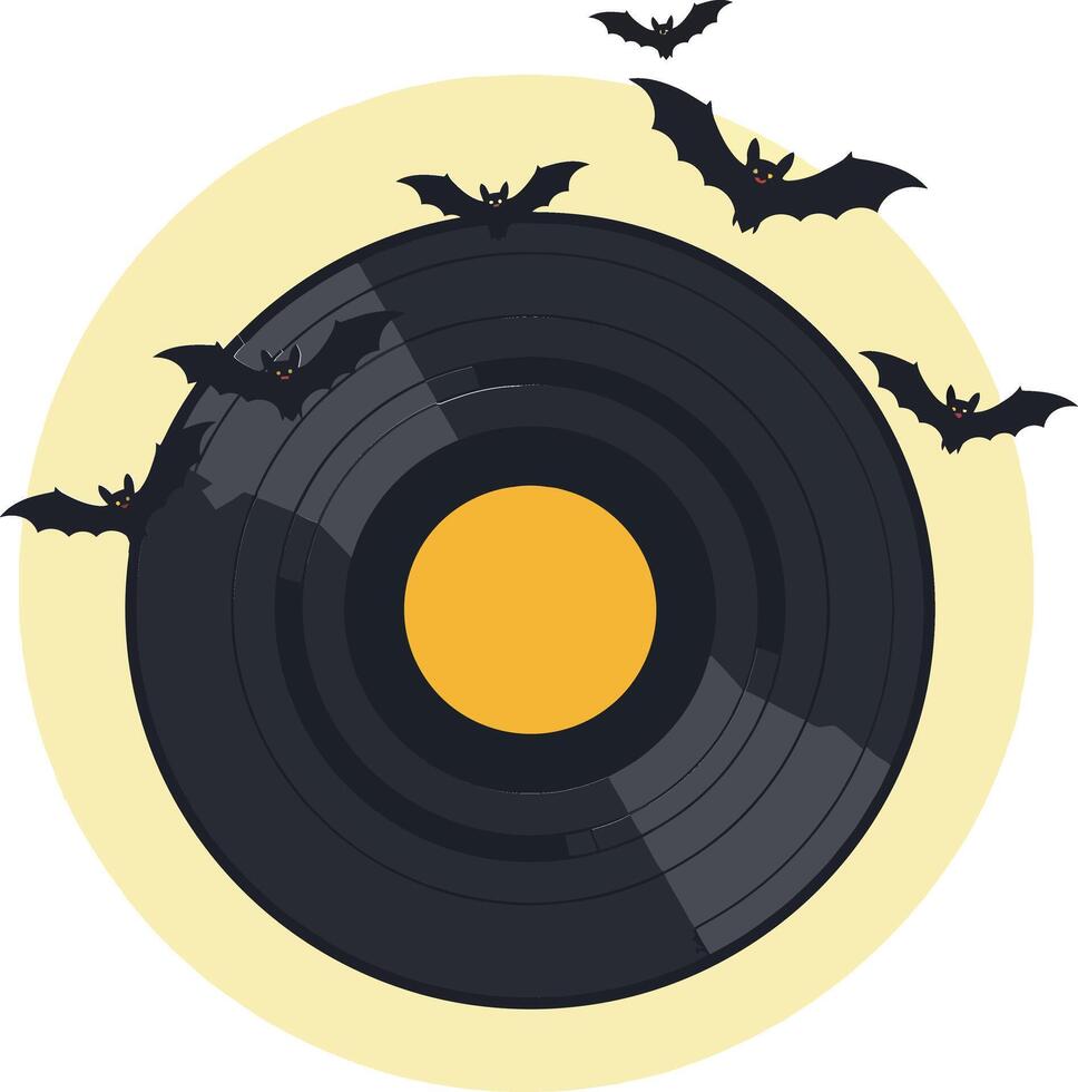 Vinyl record surrounded by flying bats Halloween theme with yellow moon background illustration vector