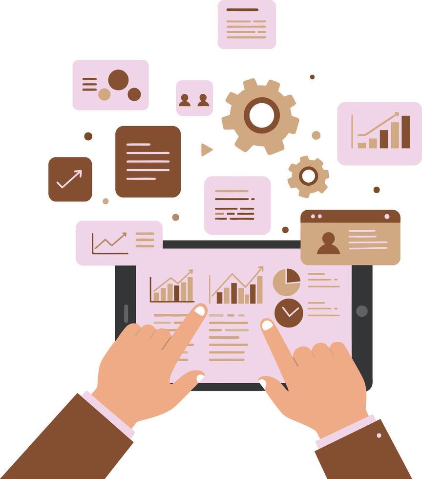 Business analytics dashboard on tablet with hands and charts in brown and pink colors digital marketing concept illustration vector