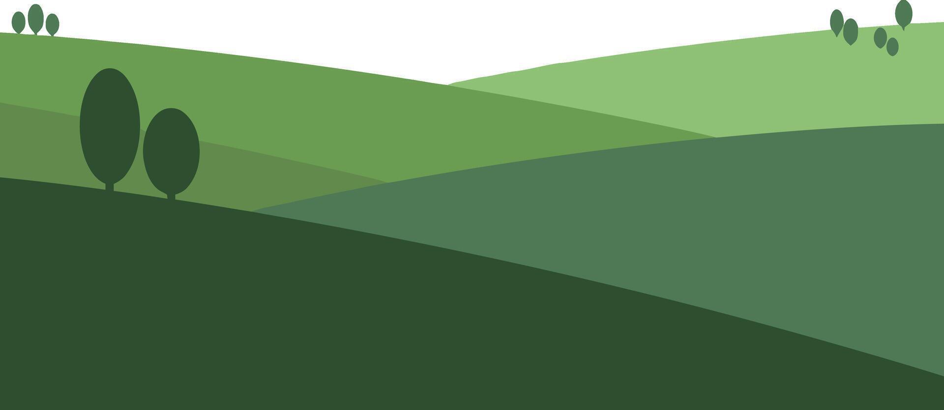 Rolling green hills landscape with simplified tree shapes and layered grass textures in flat design style vector