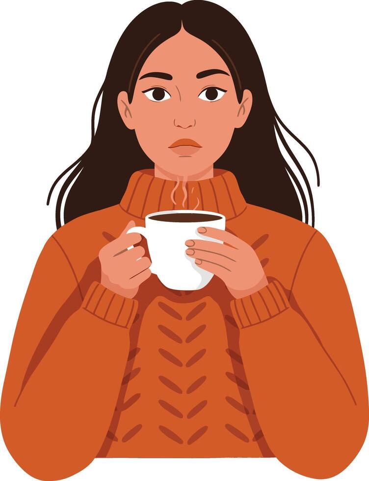 Woman in orange sweater holding coffee cup illustration with calm expression warm autumn style vector