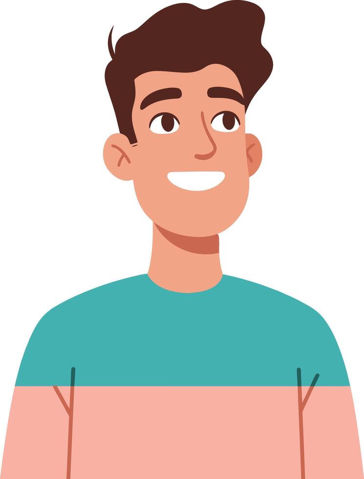 Young man wearing turquoise and peach shirt smiling happily looking upwards illustration vector