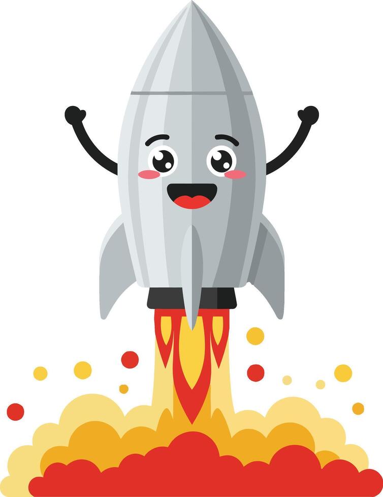 Happy cartoon rocket launching with flames and smoke in playful style illustration vector