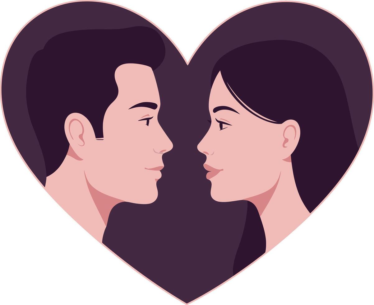 Couple facing each other inside heart shape symbol expressing love and romantic relationship illustration vector