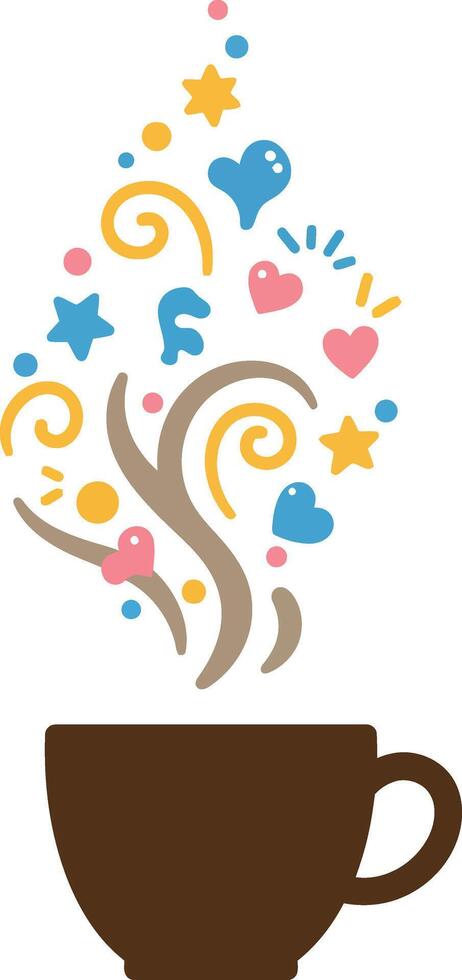 Coffee cup with colorful heart and star steam illustration in simple style for graphic design and decoration vector