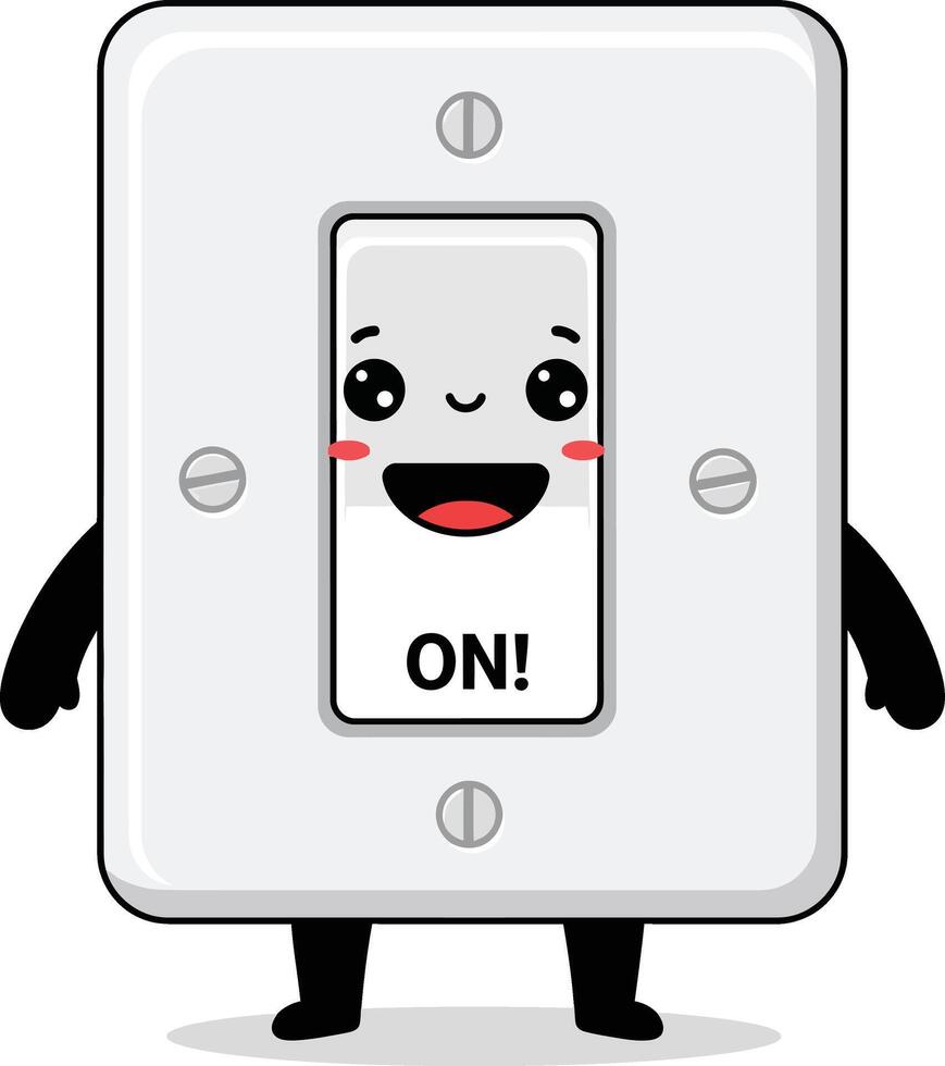 Cute switch character turned on with happy face and arms smiling illustration vector