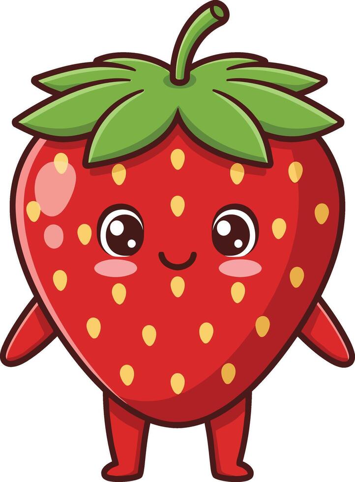 Cute happy red strawberry character with green leaves and smiling face illustration vector