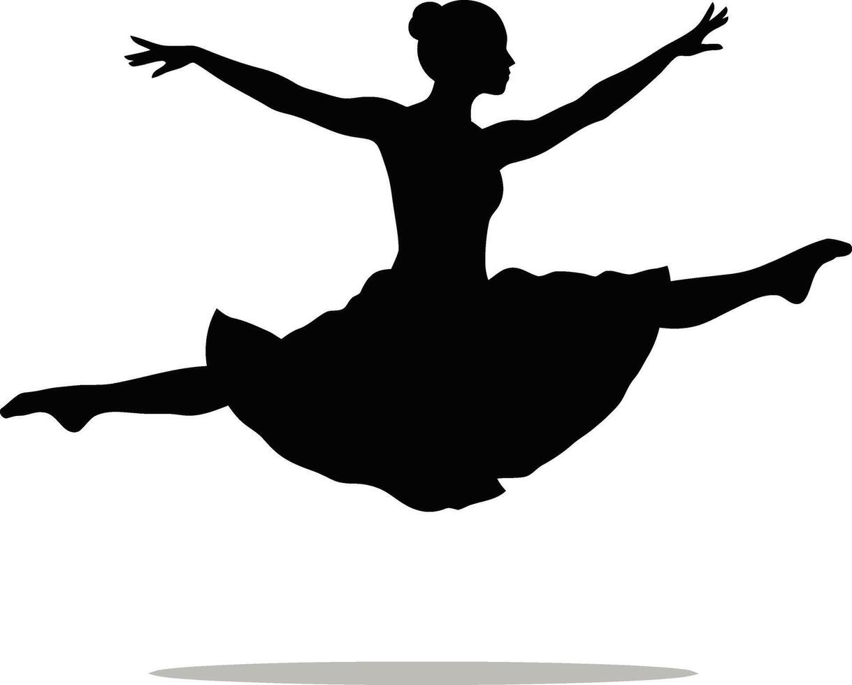 Ballet dancer silhouette performing grand jete leap in midair with elegant posture and flowing skirt illustration vector