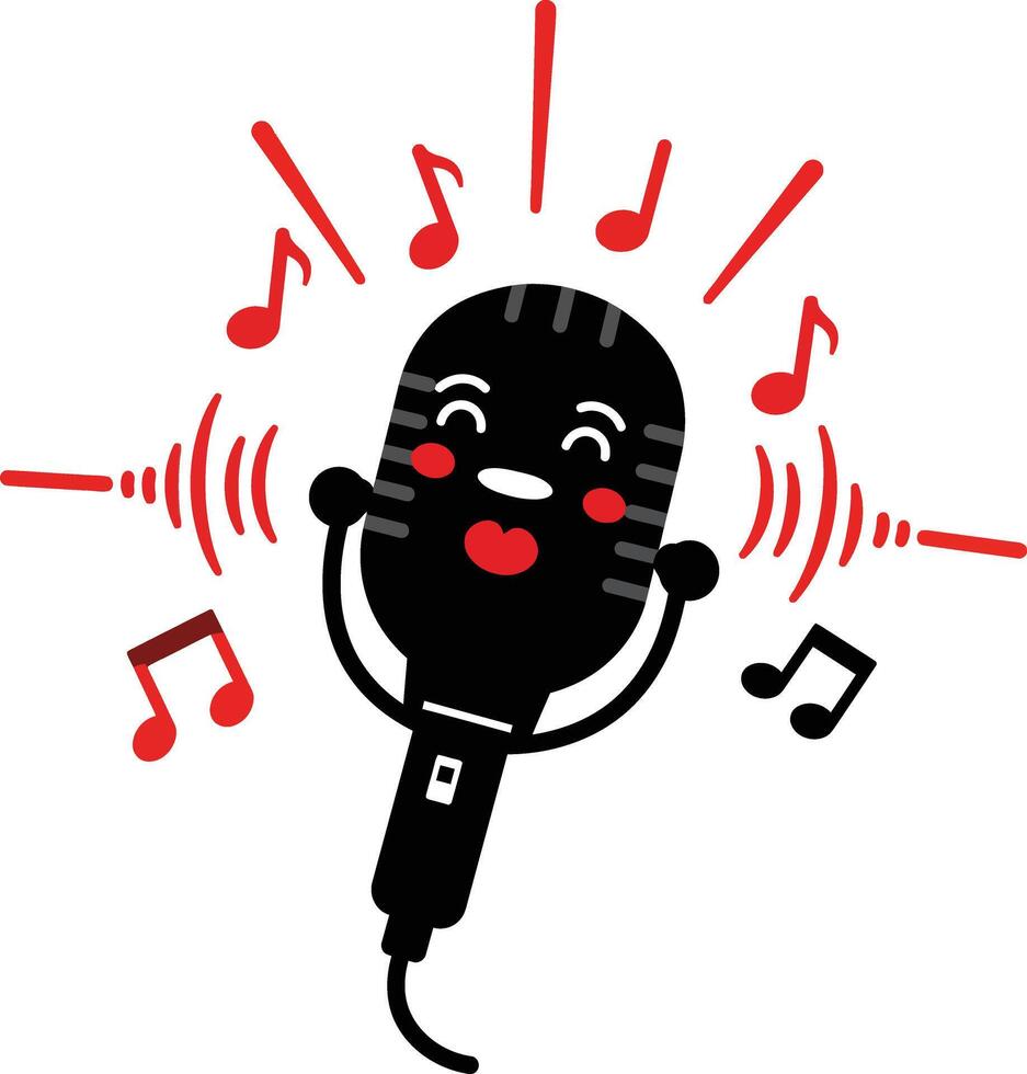 Microphone with happy face surrounded by musical notes and sound waves illustration for music and singing concepts vector