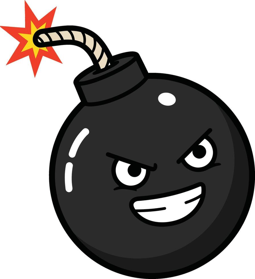 Cartoon style black bomb with burning fuse and mischievous face illustration for fun digital design vector