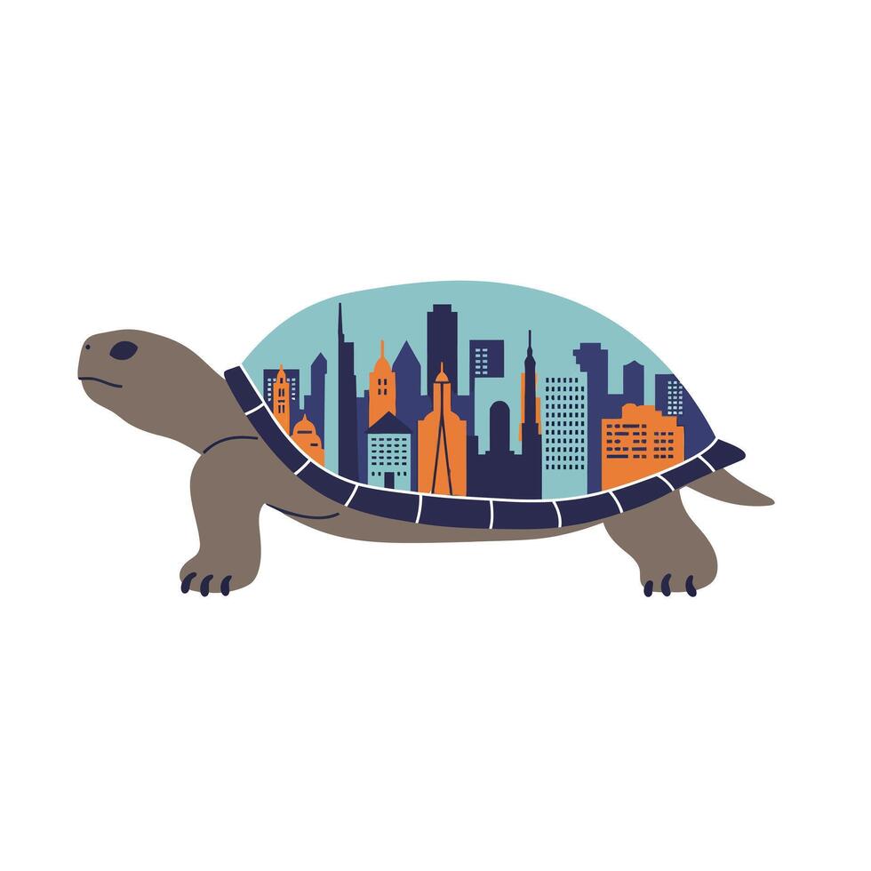 Turtle with city skyline shell illustration showing urban buildings and architecture in creative design vector