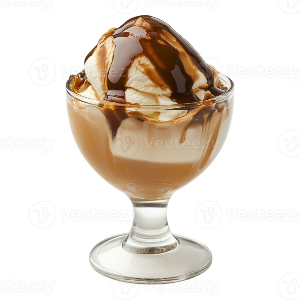A sundae with caramel and ice cream in a glass png