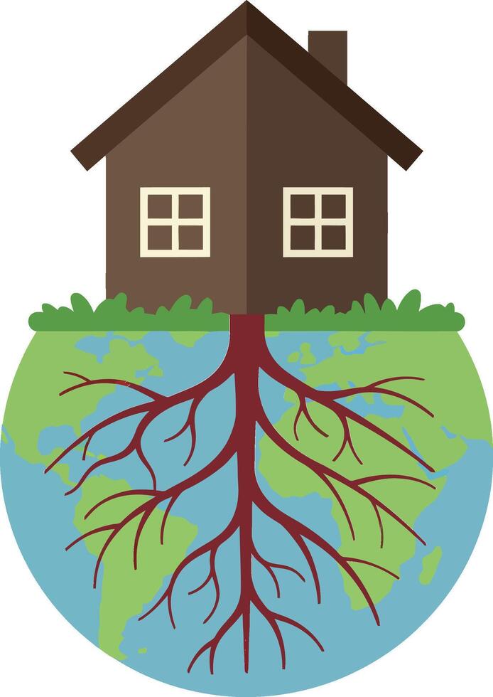 House with roots growing into the earth representing stability and connection to nature illustration vector