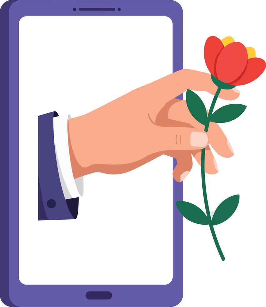 Hand Holding Red and Yellow Flower Emerging From Purple Mobile Phone Screen Illustration vector