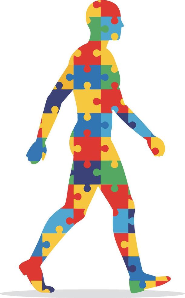 Human silhouette puzzle pieces walking colorful illustration in red blue green and yellow pattern design vector