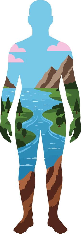 Human Silhouette with River Landscape and Mountain Scenery Artistic Nature Illustration Design vector