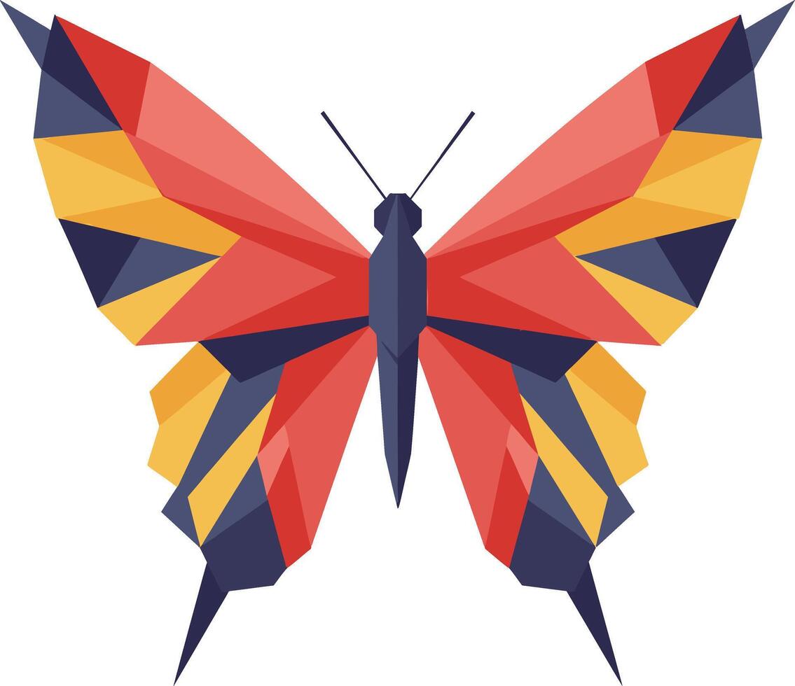 Geometric butterfly with red yellow and dark blue polygon wings digital illustration design vector