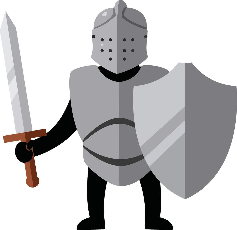Medieval knight in armor holding sword and shield illustration of warrior character with helmet and protection gear vector