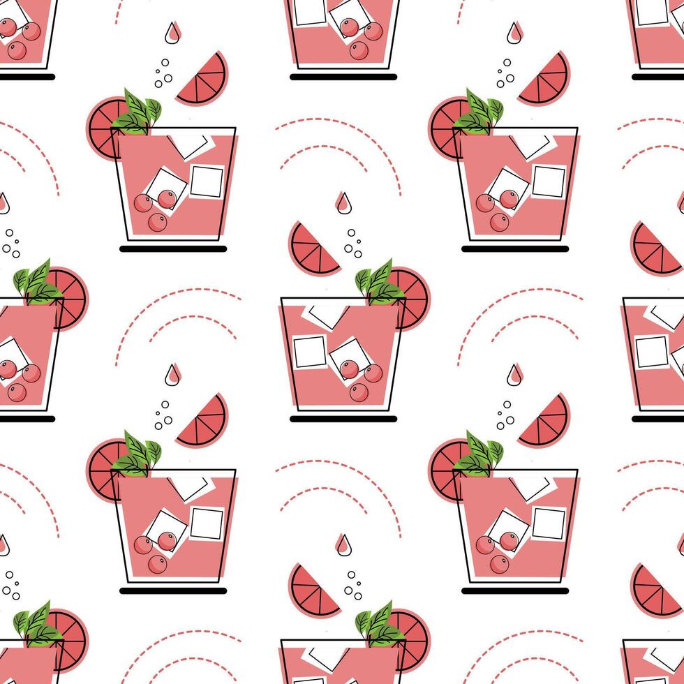 Seamless pattern, glasses with cocktail, ice cubes and fruit slices. Print, background, textile. vector