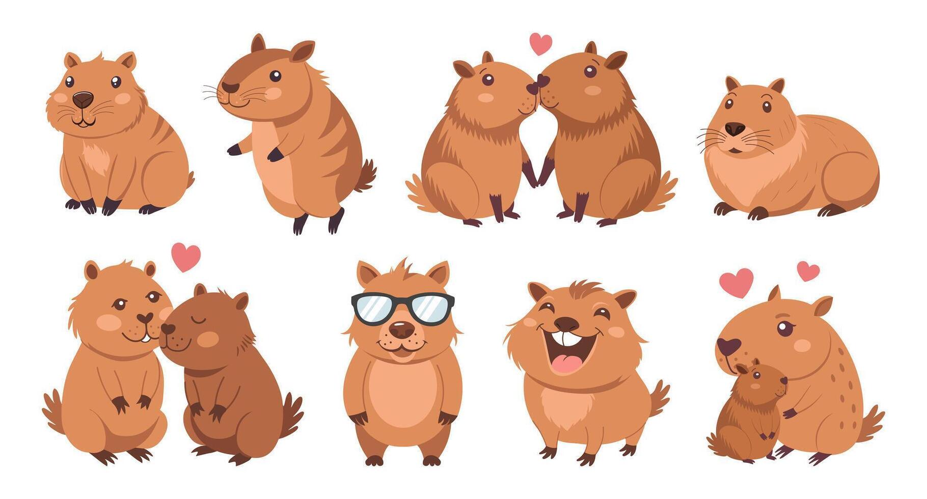 Cute set of capybaras. Collection of funny animals. Kawaii drawn capybaras. Print design for sticker, postcard, tshirt. vector