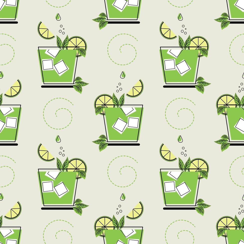 Seamless pattern, glasses with cocktail, ice cubes and fruit slices. Print, background vector