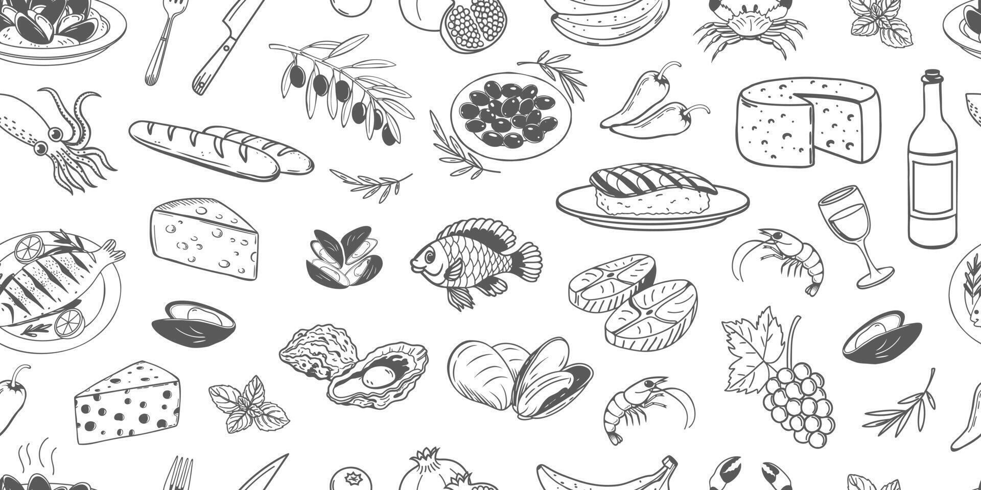 Seamless pattern of hand drawn simple mediterranean food. Fish seafood cheese olives bread. Background for cafe or restaurant menu vector