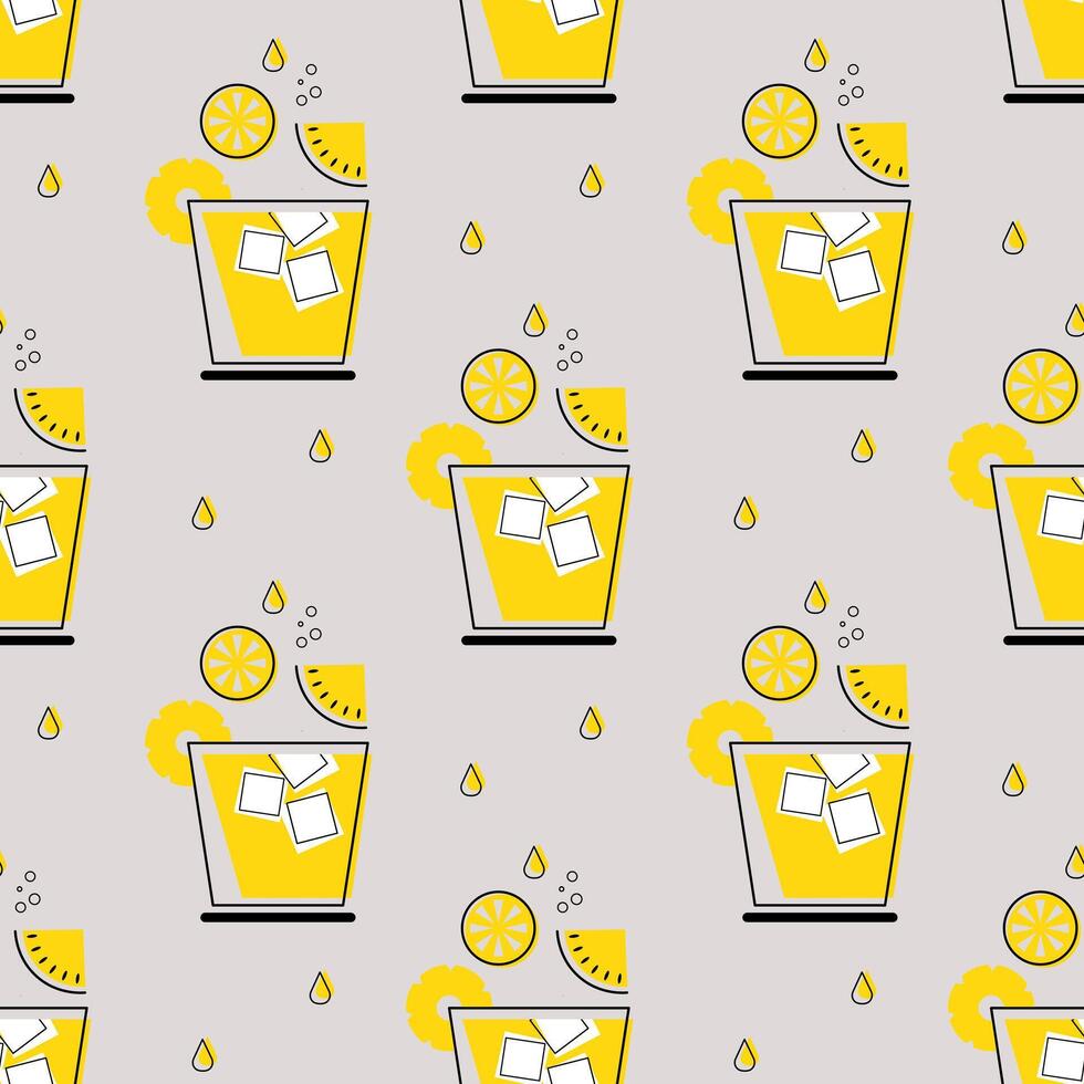 Seamless pattern, glasses with cocktail, ice cubes and fruit slices. Print, background, textile vector