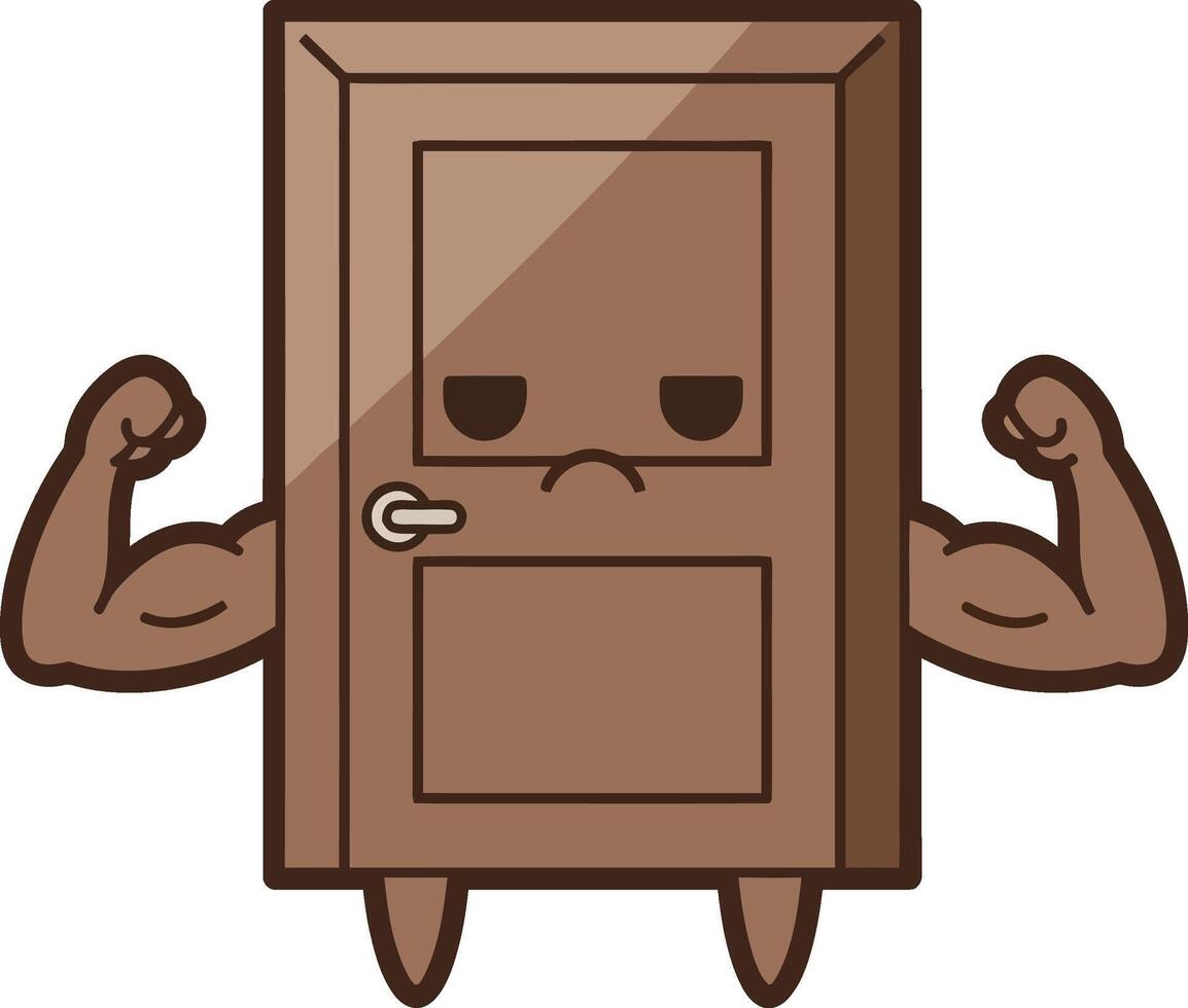 Strong muscular door character with arms and legs in cartoon style illustration vector