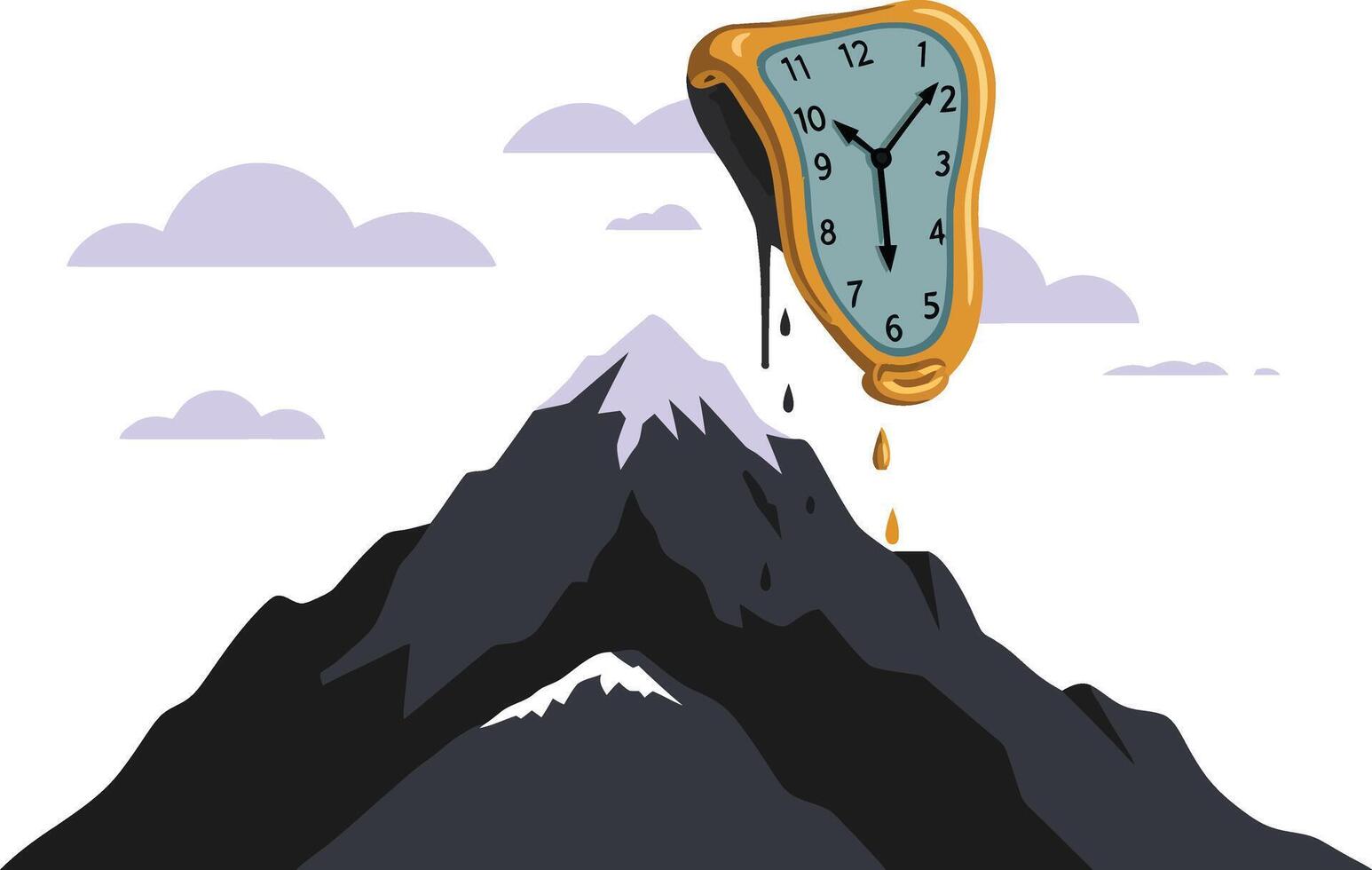 Melting clock surrealism illustration with mountain landscape and cloudy sky in creative art design vector