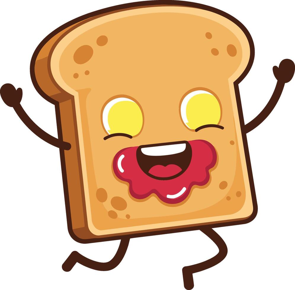 Happy toast bread cartoon with jam smiley face jumping illustration in cheerful style graphic vector
