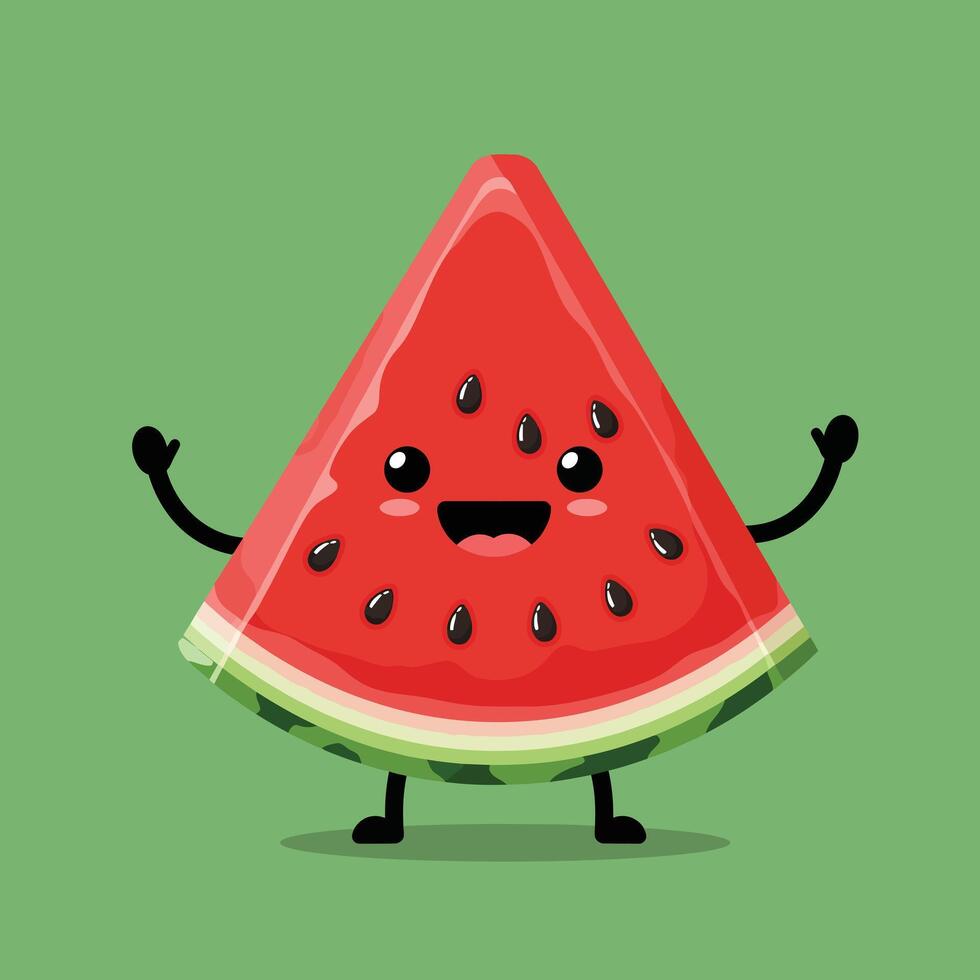 Happy watermelon slice cartoon character with arms and legs on green background illustration cheerful design vector