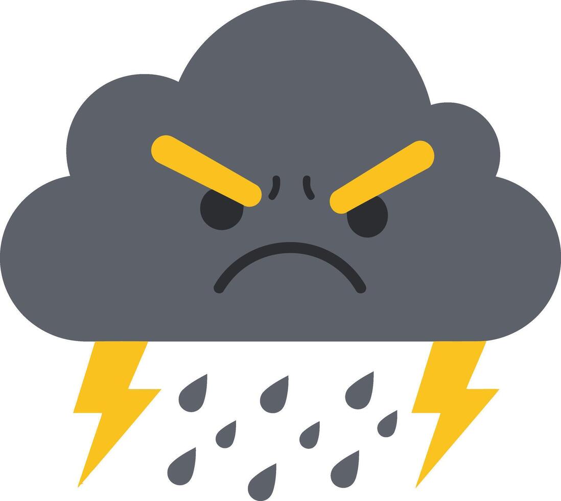 Angry storm cloud with lightning bolts and raindrops weather icon in flat style illustration vector