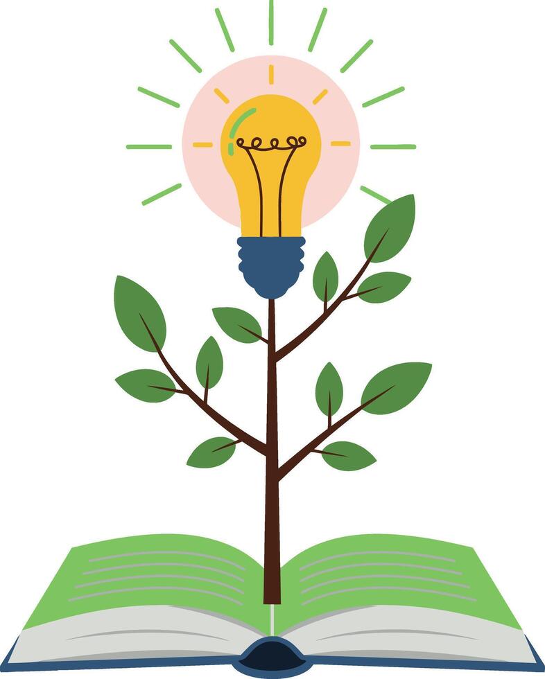 Conceptual illustration of knowledge growth with green book and glowing light bulb tree symbolizing education and ideas vector