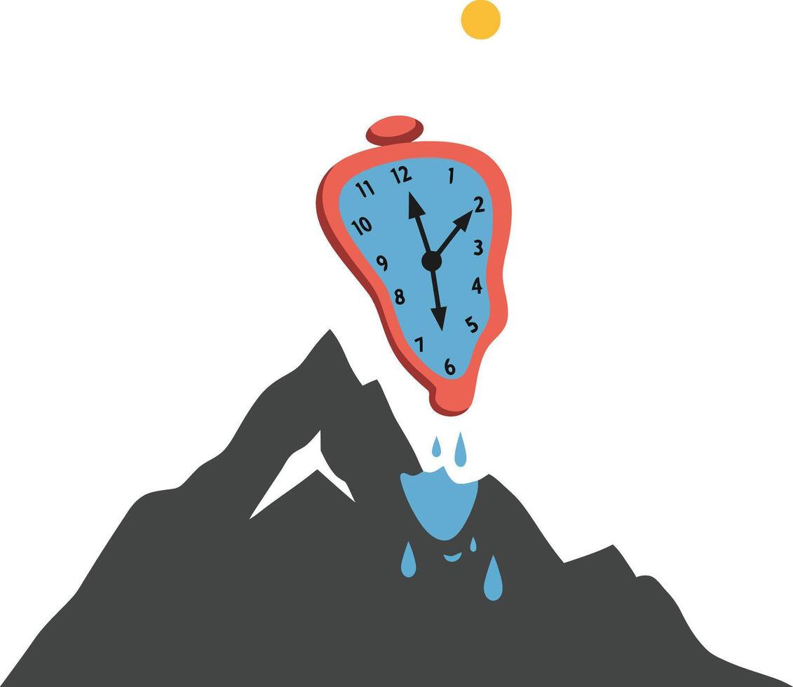 Melting Clock Surrealism Art Inspired by Salvador Dali with Mountain Landscape and Dripping Time Concept vector