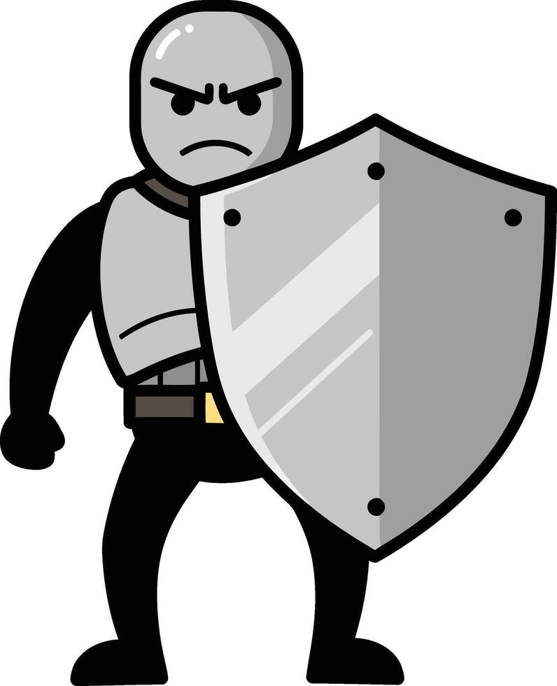 Armored warrior character holding large gray shield in defensive stance illustration vector