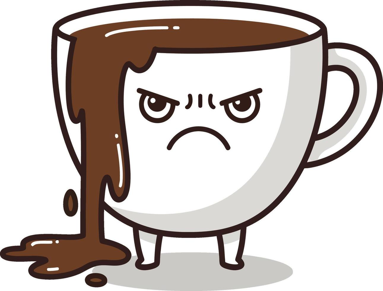Angry white coffee cup spilling hot brown coffee liquid illustration with facial expression and small legs vector