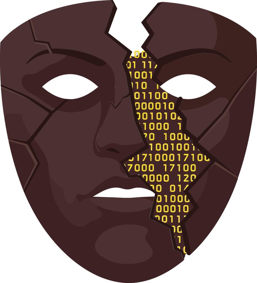 Cracked dark brown mask with binary code digital data theme illustration for technology and identity concept vector