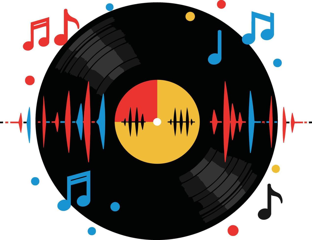 Vinyl record with colorful music notes and sound wave illustration design for audio and music themes vector